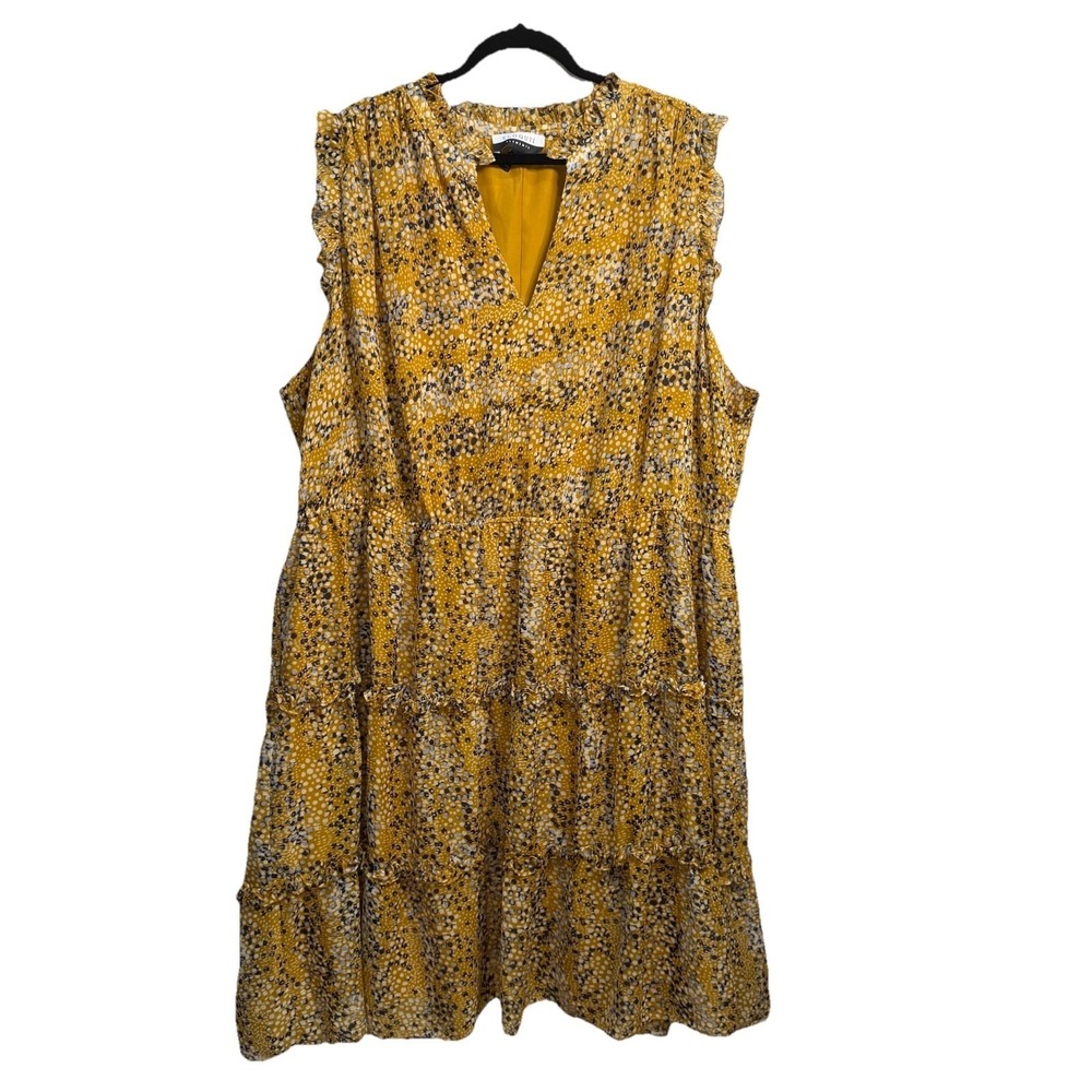 ELOQUII Plus Sz 28 Mustard Tiered Midi Dress Romantic Prairie Cottagecore Chic